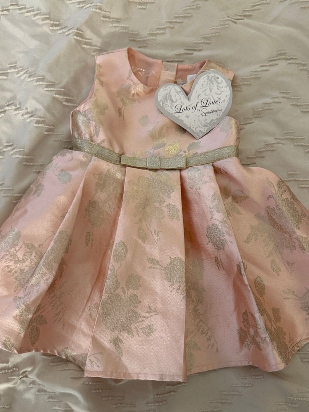 Girls Pink Floral Jacquard Party Dress with Gold Bow Belt